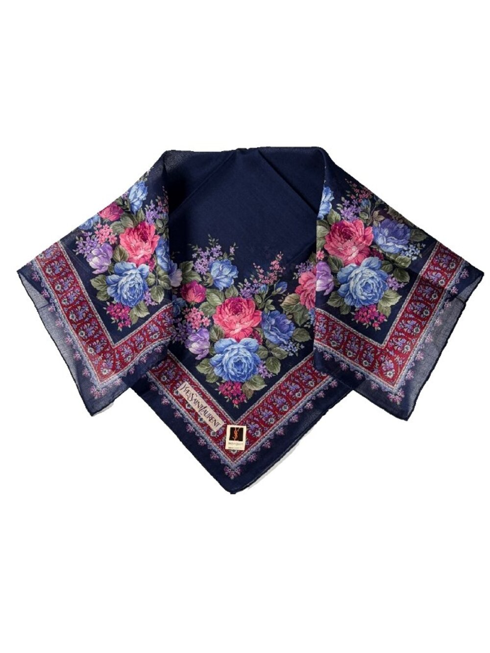 Vintage Yves Saint Laurent Cotton Scarf | Navy Blue & Pink Floral Roses